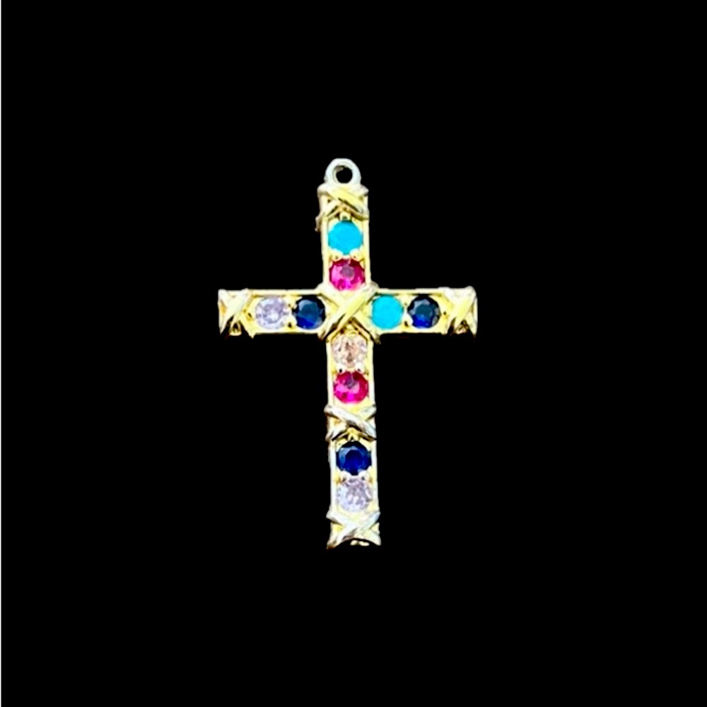 Gold Cross Pendant with Multicolor Gems